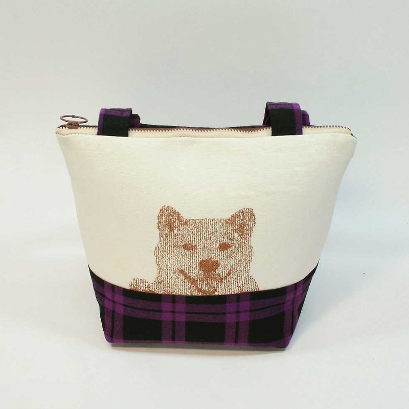 Shiba Inu embroidery small tote bag 02 - กระเป๋าถือ - ผ้าฝ้าย/ผ้าลินิน สีม่วง