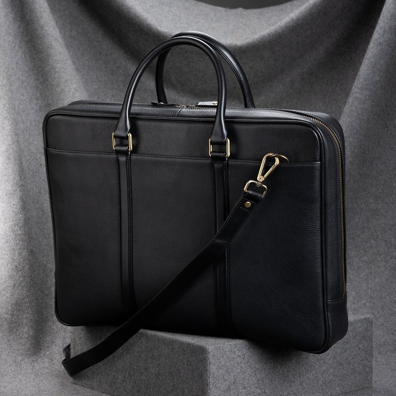 Slim Black Leather Briefcase with Double Handles - 公事包 - 真皮 黑色