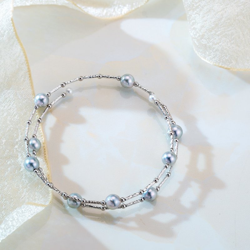 Akoya Silver blue 18K white gold elastic bracelet - สร้อยข้อมือ - ไข่มุก 