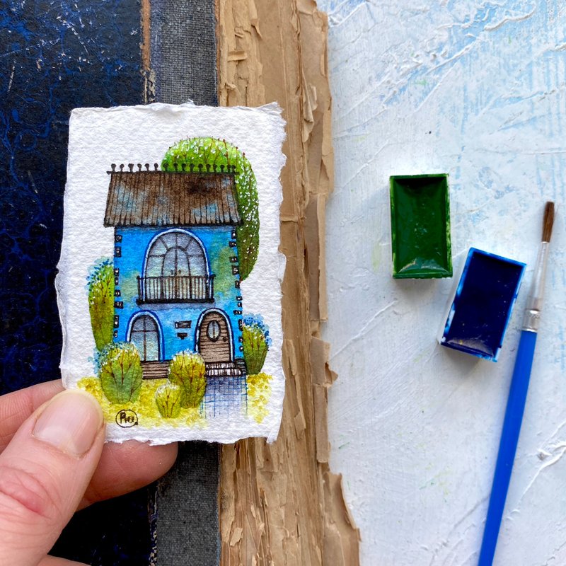 Blue house art Original painting Mini wall art Watercolor artwork by Rubinova - 海報/掛畫/掛布 - 紙 藍色