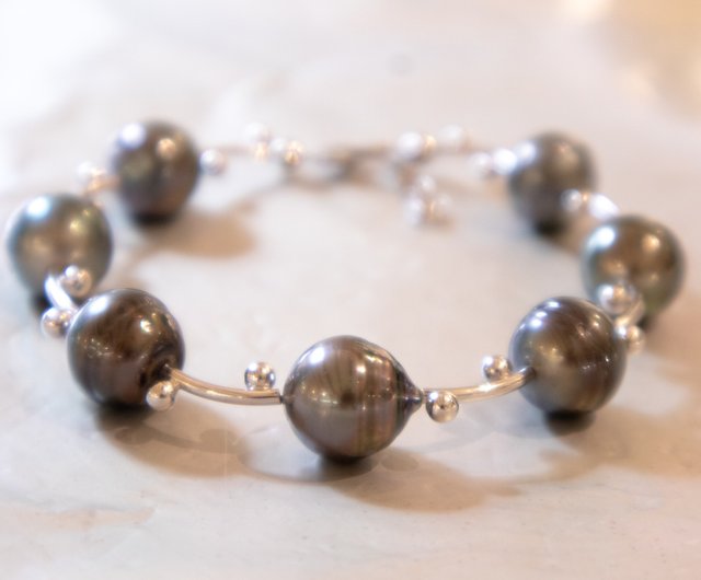 タヒチ産天然海水ブラック真珠ブレスレット 11.5-12mm 925スターリング