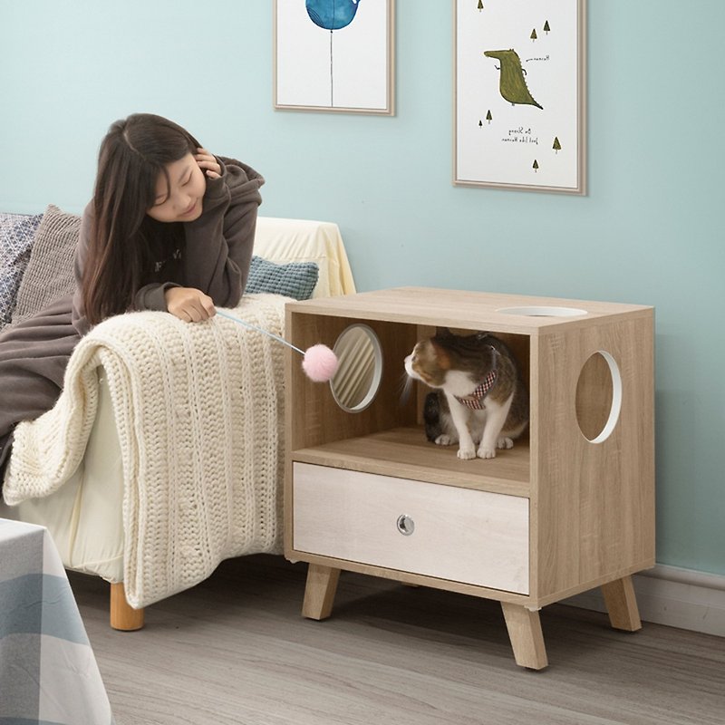 Funny Cat Square Table-Cat Item Storage Cabinet - Other - Wood Khaki