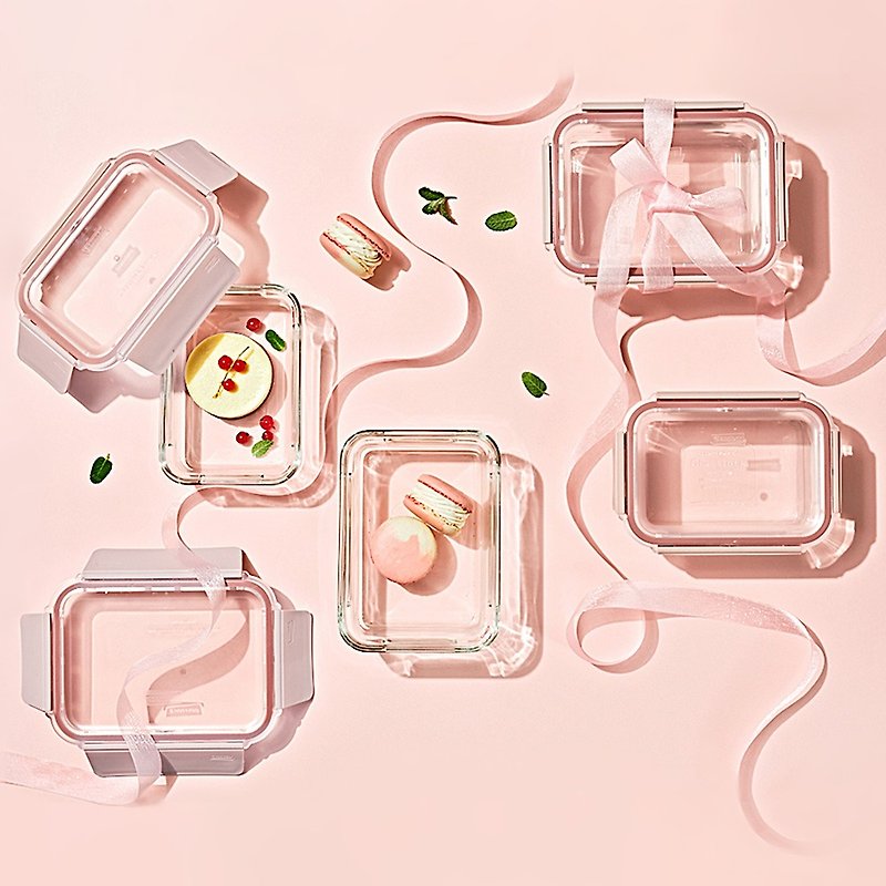 Glasslock 強化玻璃微波保鮮盒櫻花粉晶透款–長方形4入組 - 便當盒/食物袋 - 玻璃 粉紅色