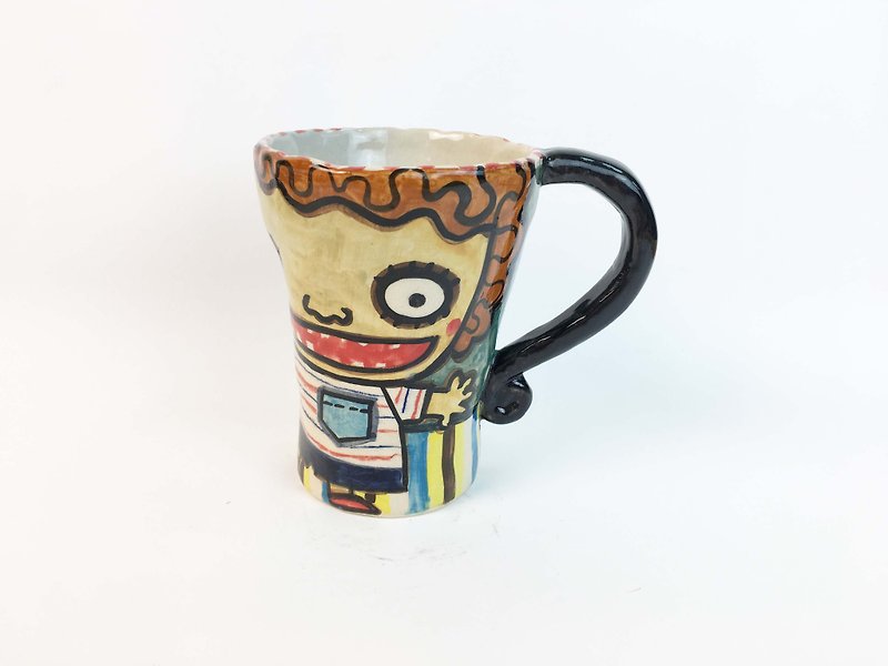 Nice Little Clay handmade bell cup _ girl and black wheel dog 0101-72 - Mugs - Pottery Multicolor