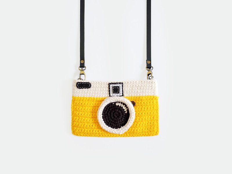 กระเป๋าโครเช่ต์กล้องวินเทจ / สีเหลือง - กระเป๋าแมสเซนเจอร์ - ผ้าฝ้าย/ผ้าลินิน สีเหลือง