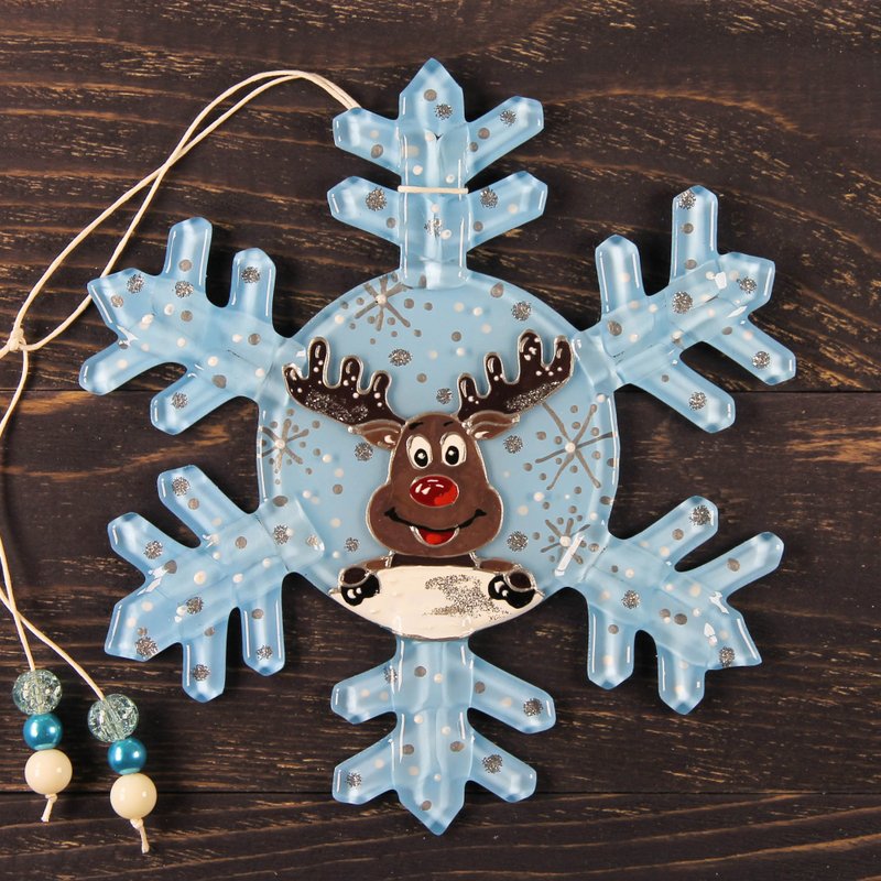 Funny Reindeer Snowflake - Large Christmas Glass Ornament- Hand Painted Decor - 擺飾/家飾品 - 玻璃 藍色
