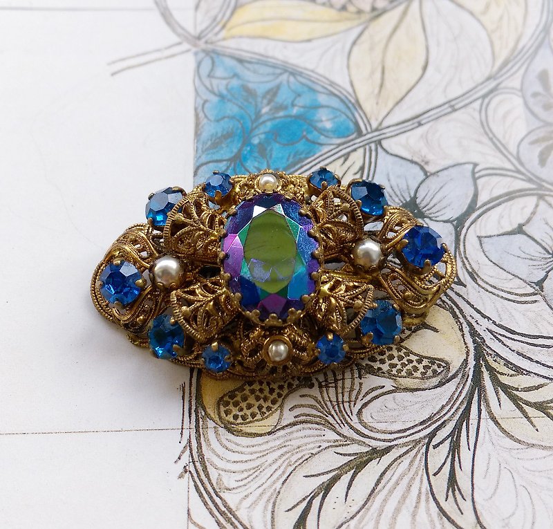 Western antique jewelry. German made gold wire basket empty blue diamond brooch - เข็มกลัด/พิน - โลหะ สีทอง