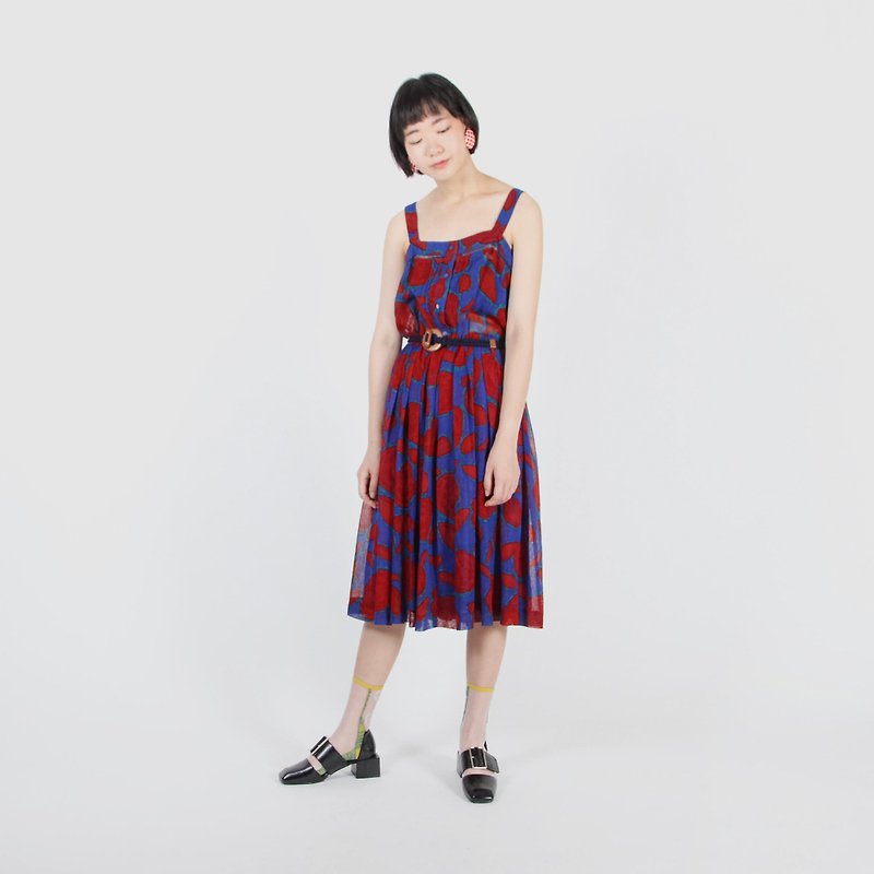 [Egg Plant Vintage] Apple Camouflage Print Thin Shoulder Strap Sleeveless Vintage Dress - One Piece Dresses - Polyester Multicolor