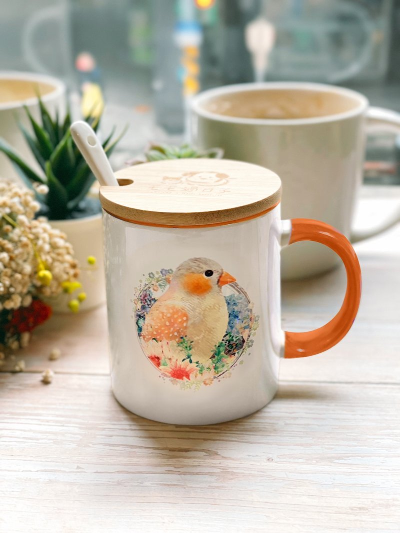 珍珠花鳥-手繪馬克杯/陶瓷杯/馬克杯禮盒 - 咖啡杯/馬克杯 - 瓷 橘色