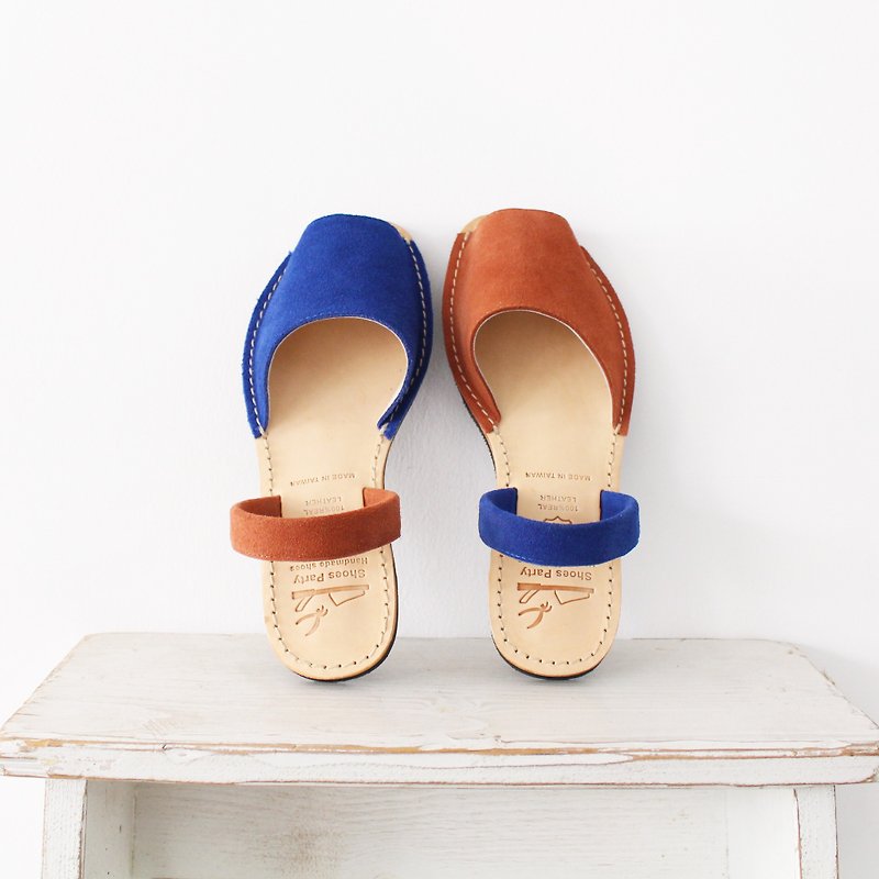 Shoes Party Handmade Mini Toe Sandals - Blue x Camel / Custom Order / S2-15430L - รองเท้ารัดส้น - หนังแท้ 