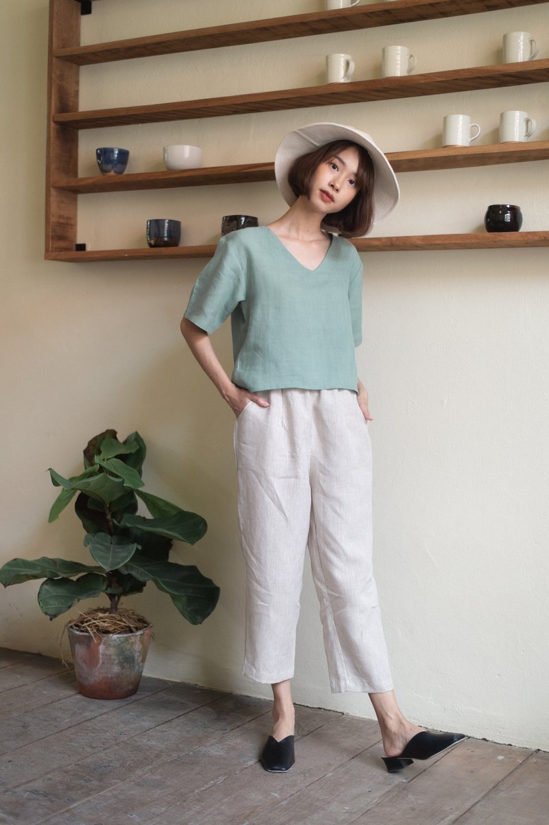 Linen Casual Pants - Natural beige - 女長褲 - 棉．麻 白色