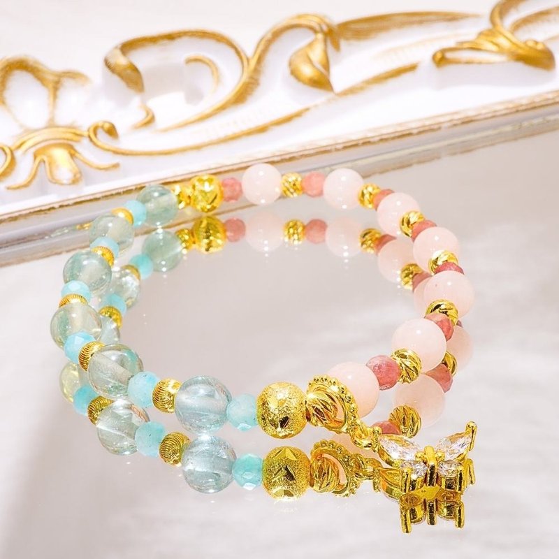 Flower Dream Butterfly/Green Stone, Amazonite, Pink Quartz and Ruby Tourmaline/Natural Crystal Bracelet/Writing Love and Poetry - สร้อยข้อมือ - คริสตัล 