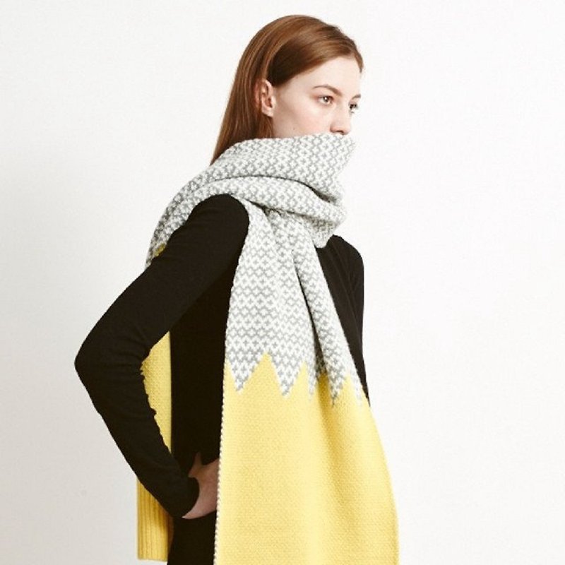 英國PomPom/三色/黑色、白色、黃色緹花圖案圍巾 - 其他 - 聚酯纖維 黃色