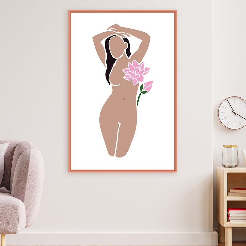 ヌードの女性のイラスト-ブラウンの女の子のポスター-花の女性のイラスト - ポスター・絵 - その他の素材 
