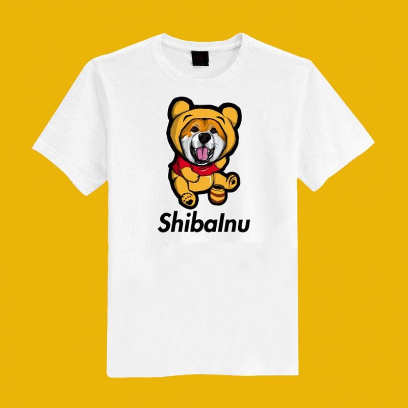 Winnie the Pooh Shiba Inu dog illustration original white short T clothes T-shirt couples clothing children's clothing mother and child - Women's T-Shirts - Cotton & Hemp White