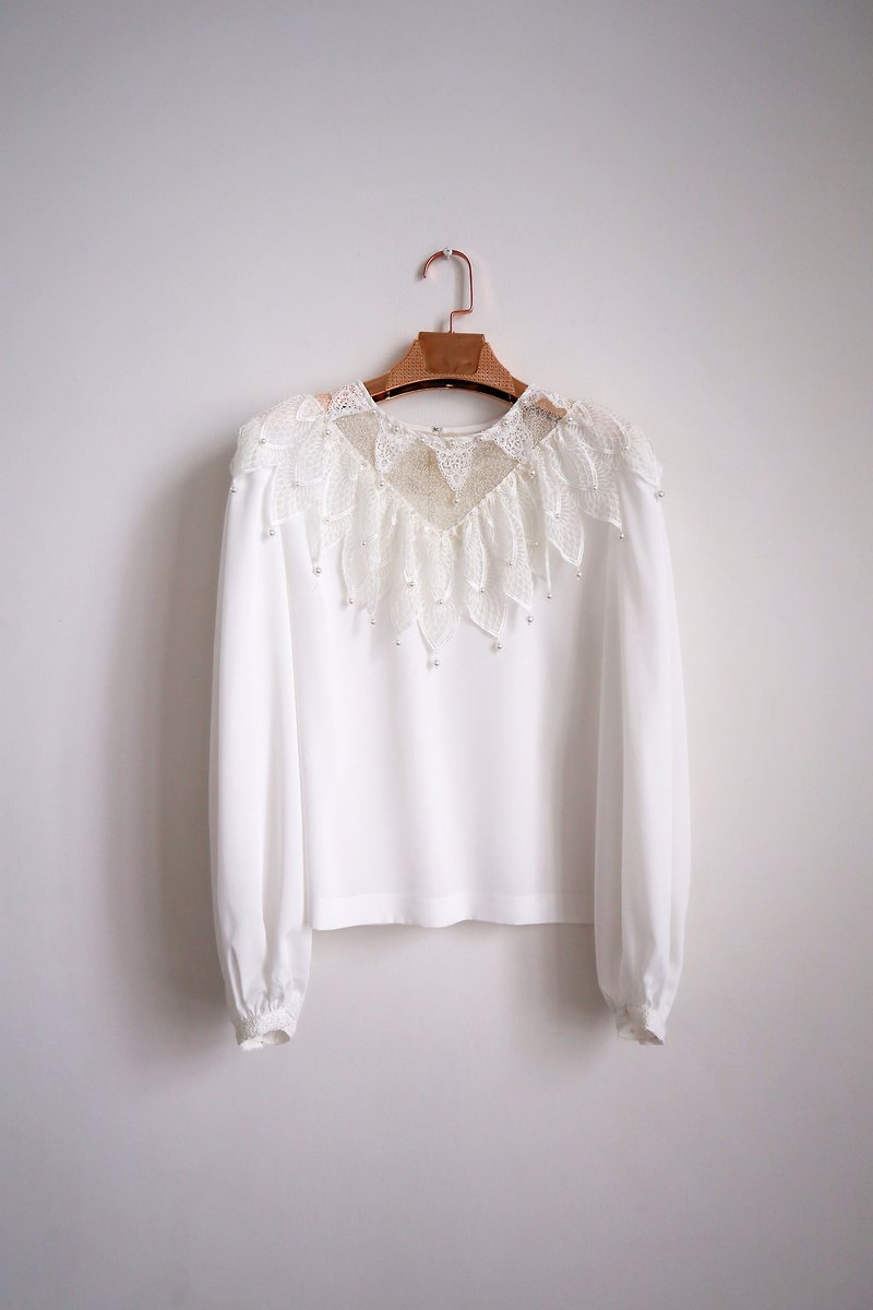 南瓜Vintage。古著珠飾鏤空雪紡白襯衫 - 恤衫 - 聚酯纖維 白色
