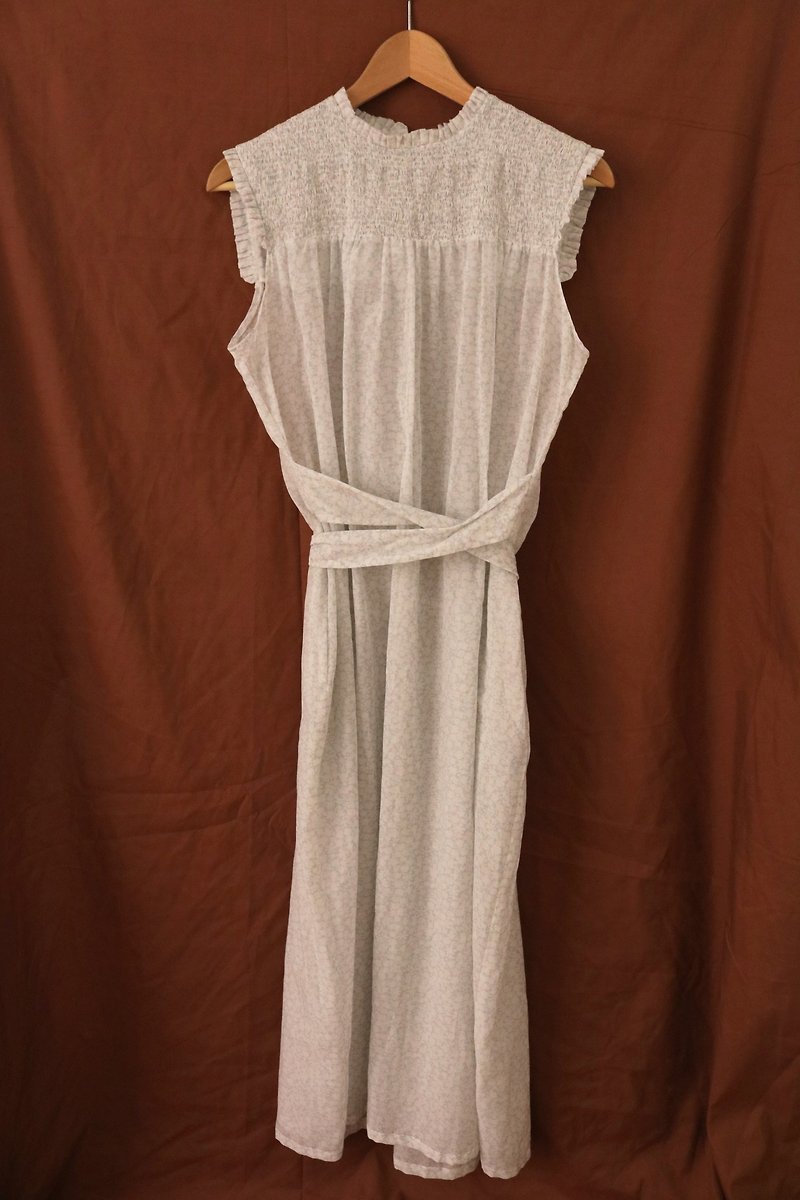 Chloe Dress 灰白印花絲綿綁帶無袖長洋裝 - 連身裙 - 棉．麻 白色