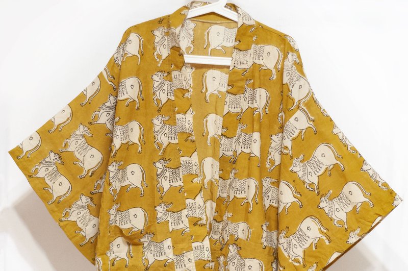 木刻印純棉和服外套 印度棉日式和服襯衫 手工蓋印棉上衣-南迪牛 - 女大衣/外套 - 棉．麻 多色