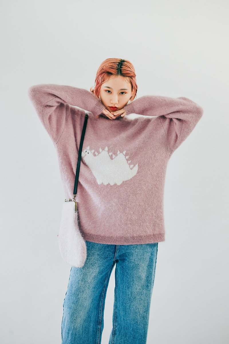Furry dinosaur Christmas oversize turtleneck knitted sweater - Women's Sweaters - Other Materials Pink