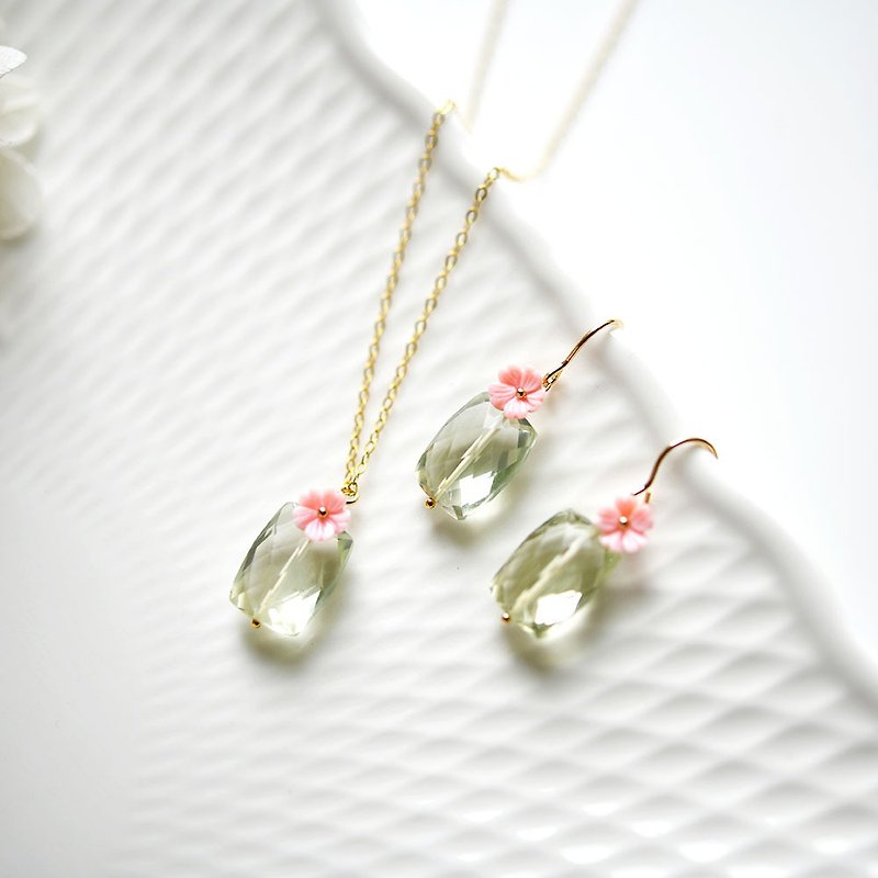 Autumn lucky bag Love guard Stone Green amethyst and pink shell earrings and necklace 2-piece set - ต่างหู - เครื่องเพชรพลอย สีเขียว