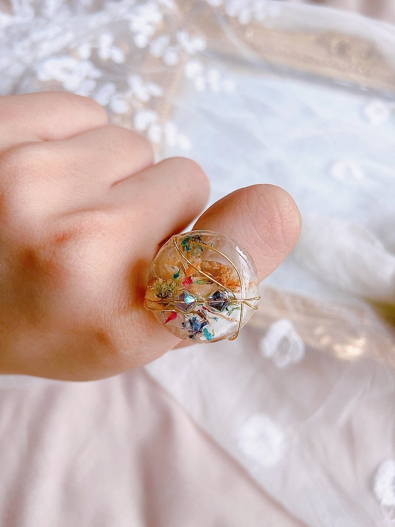 Preserved Flower Dried Flower Crystal Wound Smudged Ring Handmade Jewelry - General Rings - Plants & Flowers Multicolor