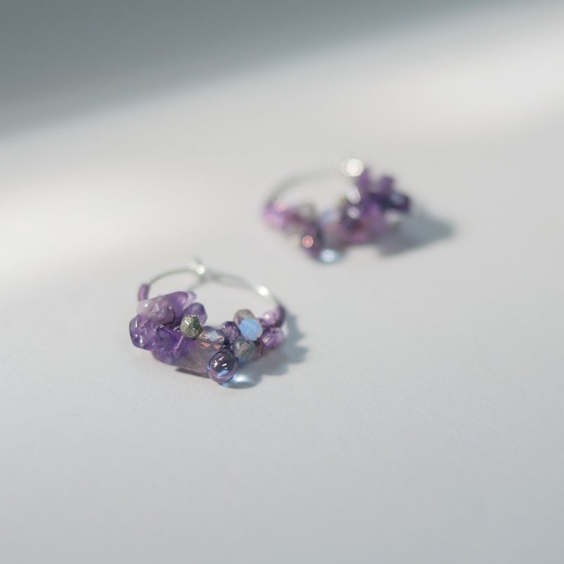 Large Purple Wreath and Crystal Bead Hoop Earrings - ต่างหู - คริสตัล สีม่วง