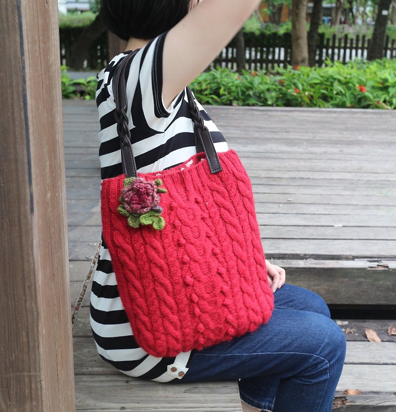 ChiChi Handmade-My Shoulder Handmade Bag-Wool Knitted Bag - Messenger Bags & Sling Bags - Wool Red
