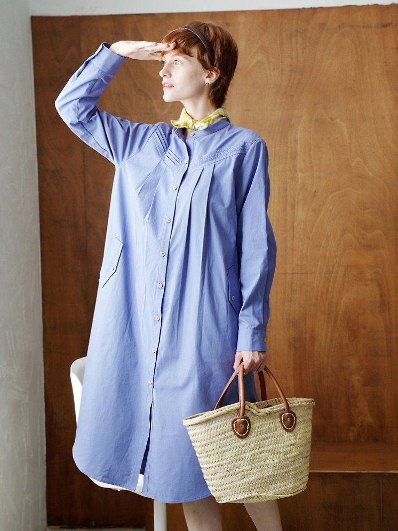 ECRU SOLI fudge Japanese style blue purple design sense long-sleeved shirt dress - One Piece Dresses - Cotton & Hemp Blue