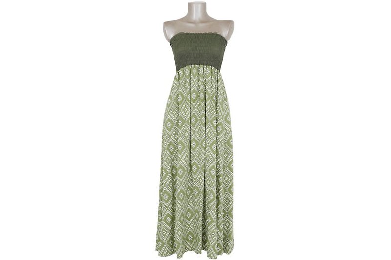 イカットプリントチューブトップロングドレス＜グリーン＞ - 連身裙 - 其他材質 綠色