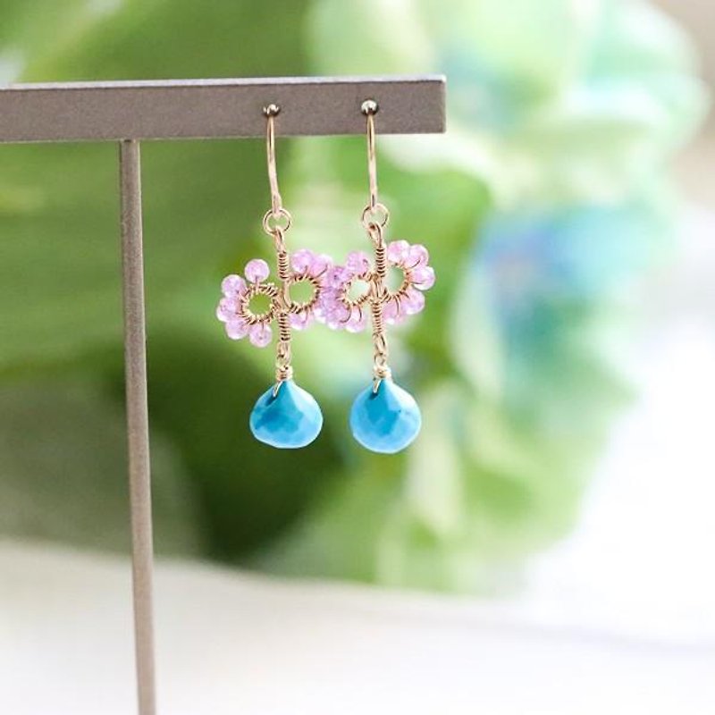 Original Turquoise and Pink Sapphire Flower Branch Pierced Earrings September Dec Birthstone - Earrings & Clip-ons - Gemstone Blue