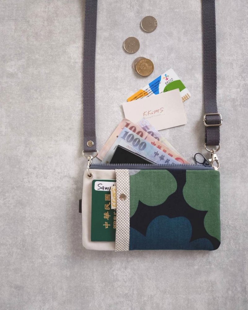 【FPH/3Way手機包(可直可橫)】北歐風藍綠大花 日本布 帆布 - 側背包/斜背包 - 棉．麻 藍色