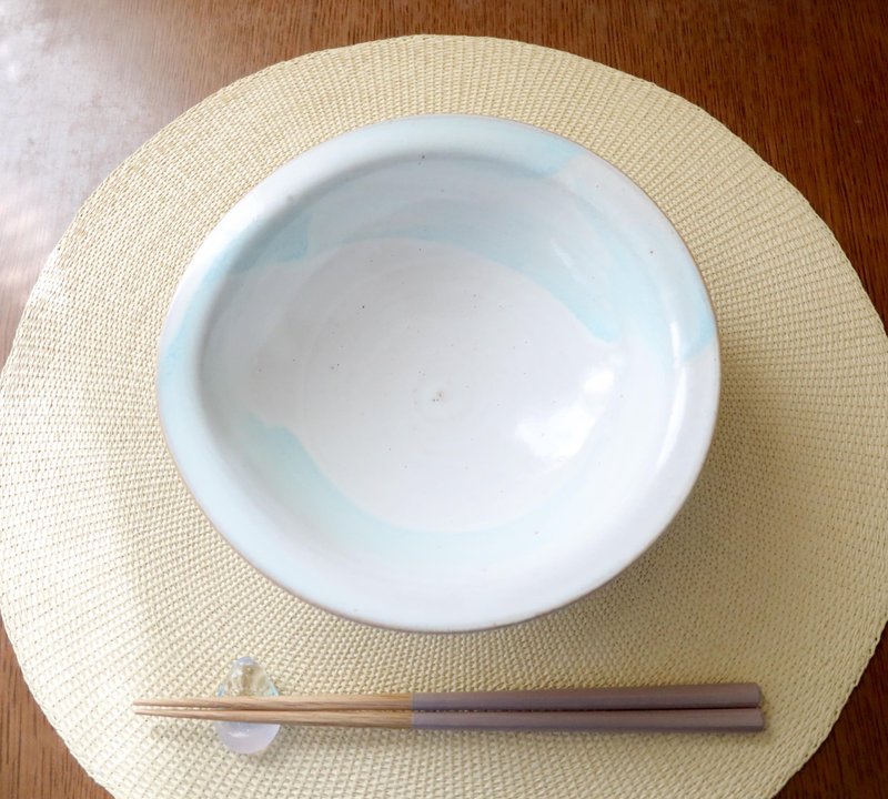 A drip bowl with white glaze and light blue brush strokes - Bowls - Pottery White