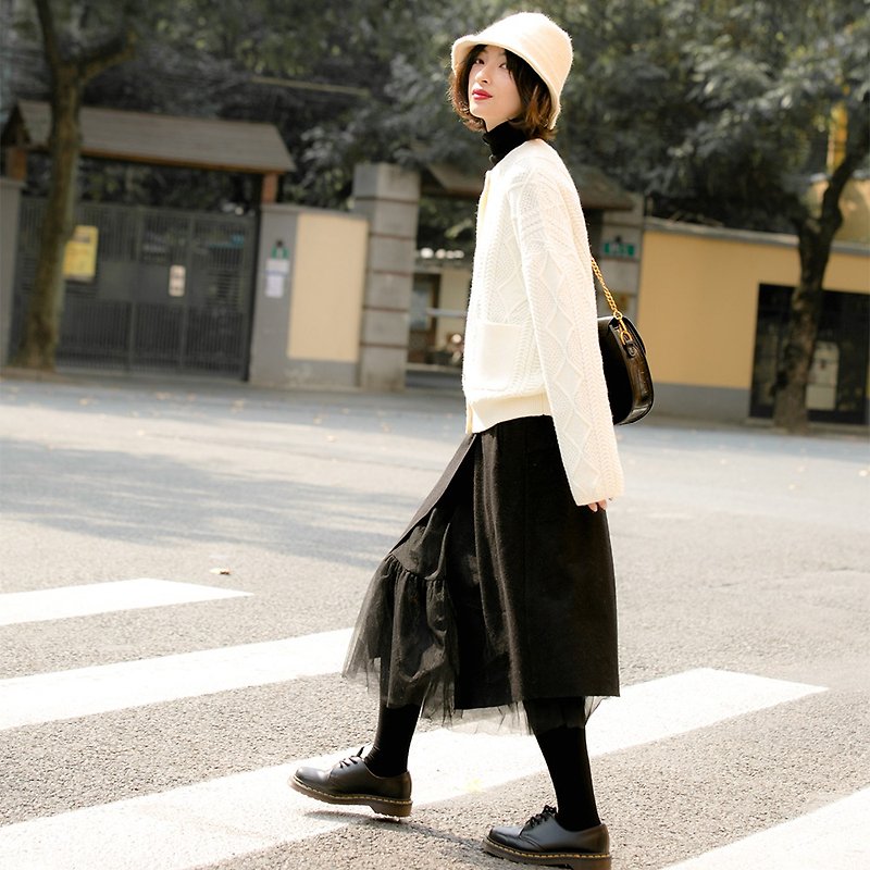 Irregular wool stitching mesh skirt | skirt | winter | wool | Sora-391 - Skirts - Wool Black