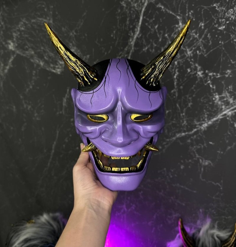 Purple Hannya Mask, Oni Demon Mask, Japanese Demon Cosplay, Devil Cosplay Mask - 口罩/口罩收納套 - 樹脂 紫色