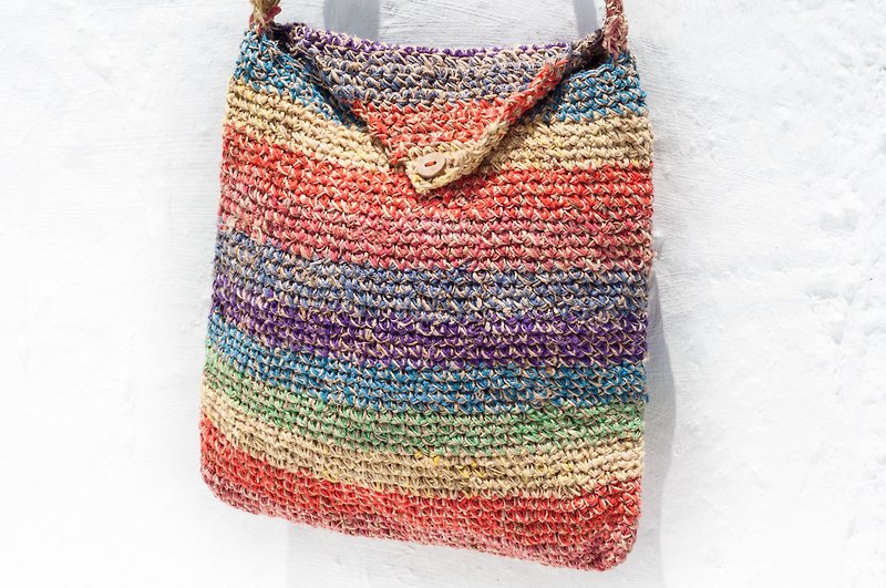 Cotton crocheted diagonal bag / wayuu side backpack / shoulder bag / handmade crochet bag / handmade woven bag - rainbow - Messenger Bags & Sling Bags - Cotton & Hemp Multicolor