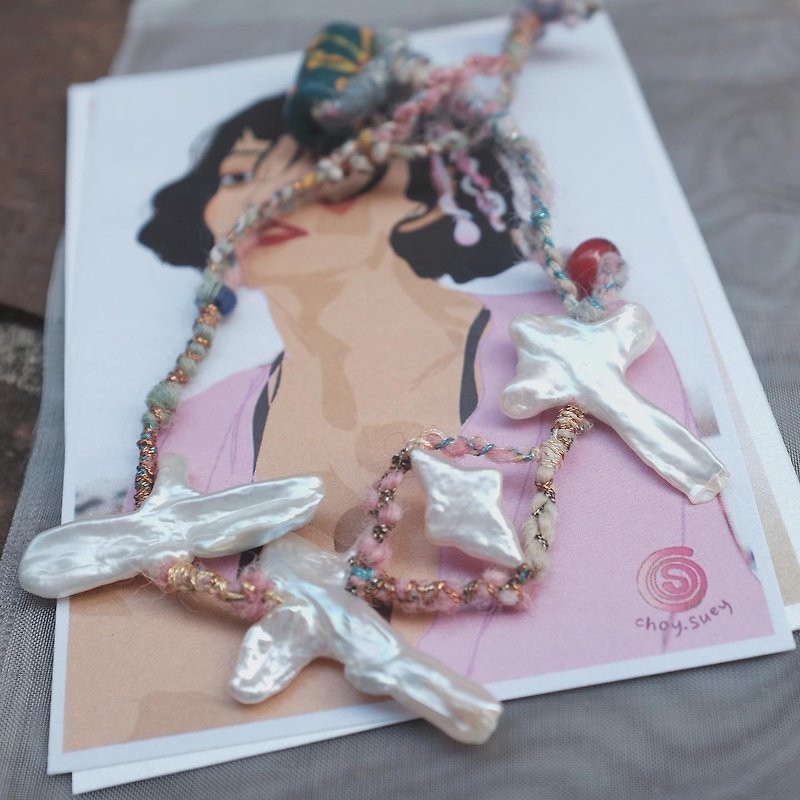 Hippie Braided Bracelet Powder/Baroque Pearls - Bracelets - Wool Pink