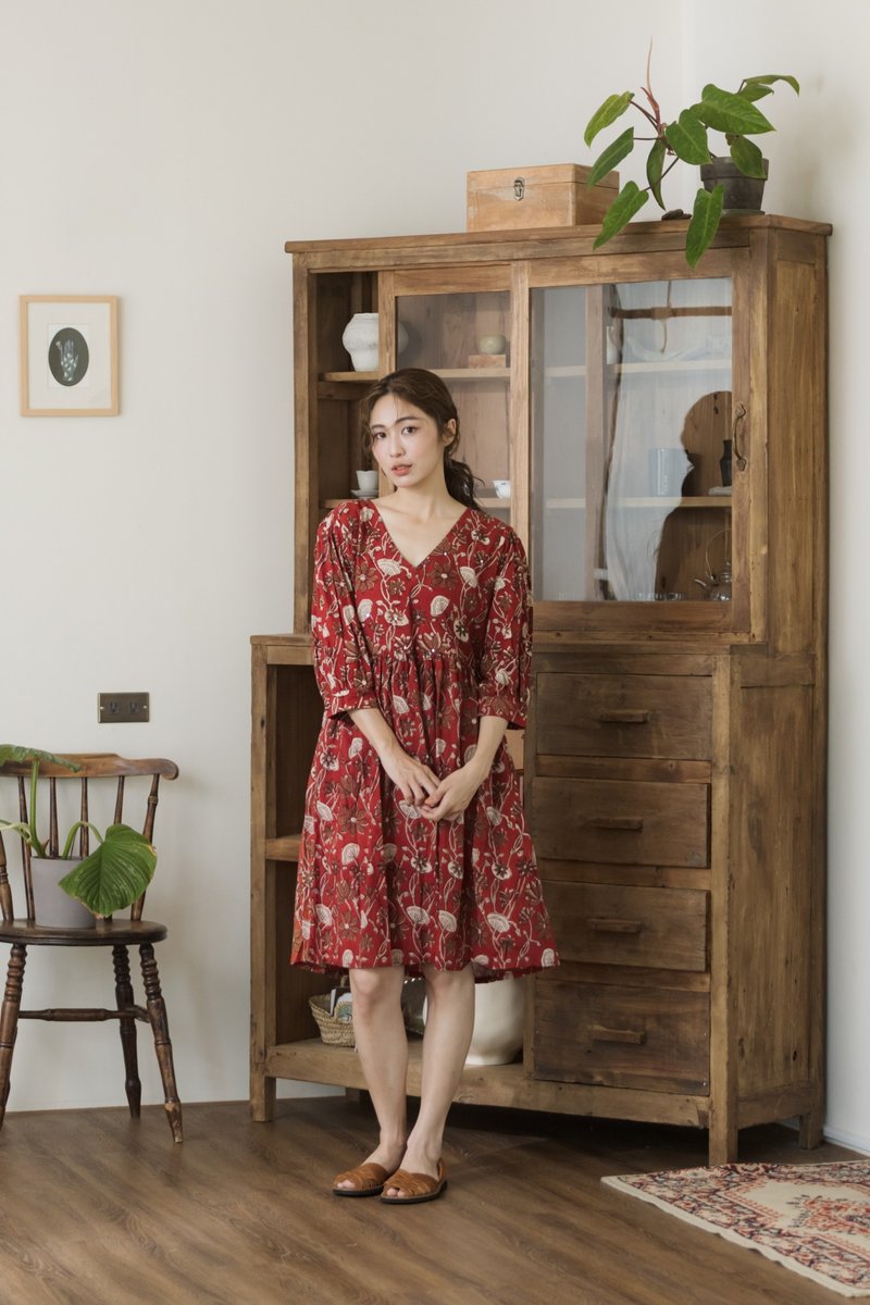後綁帶七分袖膝上洋裝_紅 - 洋裝/連身裙 - 棉．麻 紅色