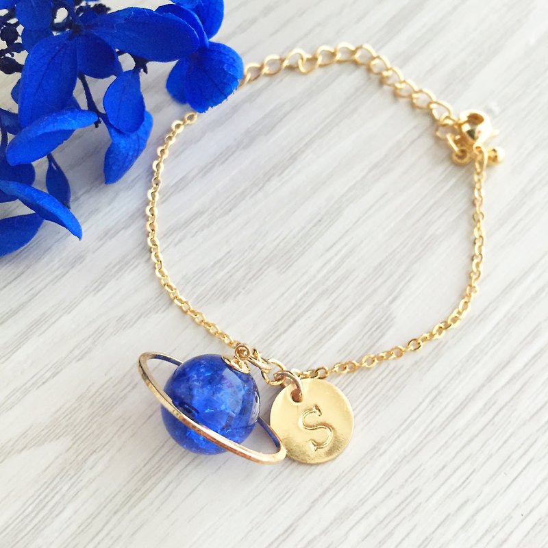 Blue Planet Bracelet Initial Letter A to Z Gift wedding - สร้อยข้อมือ - โลหะ สีน้ำเงิน
