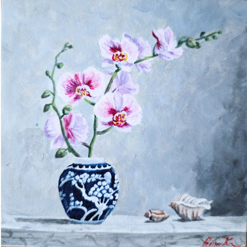 靜物與蘭花和貝殼原創花卉藝術手繪由 RinaArtSK - 壁貼/牆壁裝飾 - 其他材質 多色