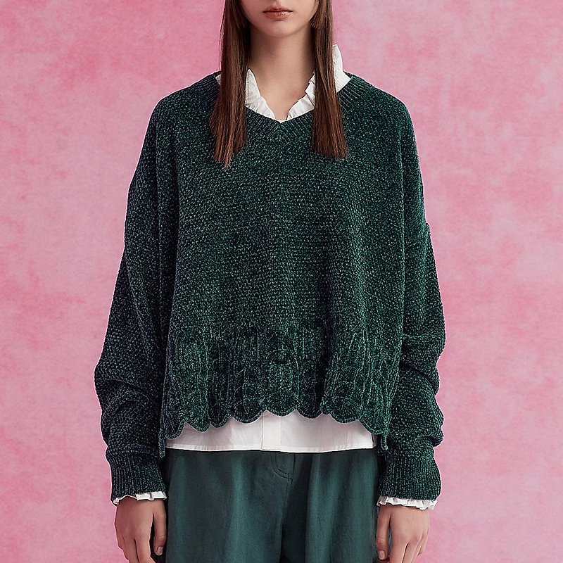 OUWEY Ouwei crocheted off-shoulder short velvet knitted top (green) 3234165001 - สเวตเตอร์ผู้หญิง - เส้นใยสังเคราะห์ 