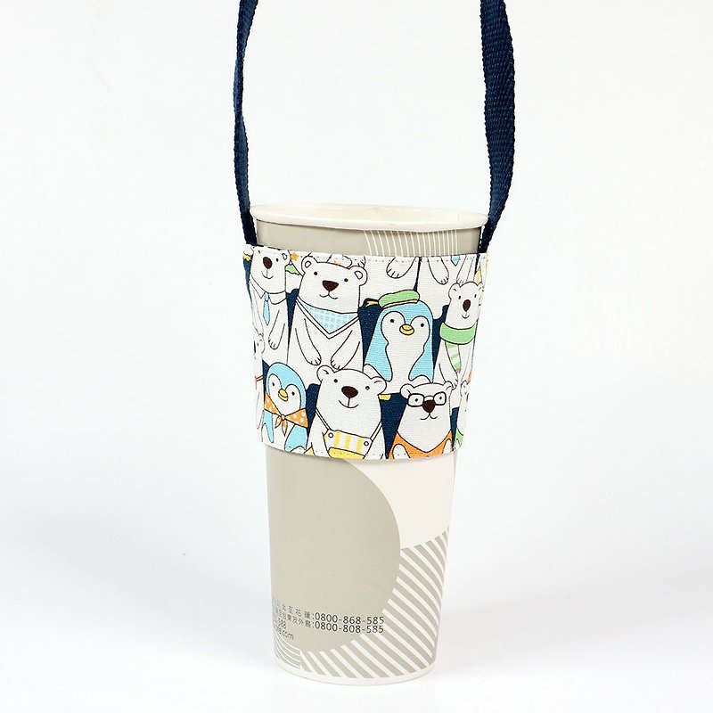 Beverage Cup Holder Environmental Cup Holder Bag-Penguin Bear Family (Blue) - ถุงใส่กระติกนำ้ - ผ้าฝ้าย/ผ้าลินิน สีน้ำเงิน