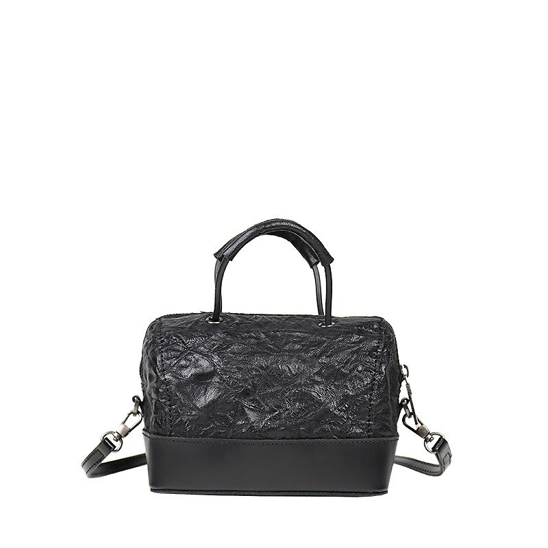 Mini Squeeze corrugated sheepskin mini Boston shoulder bag - Messenger Bags & Sling Bags - Genuine Leather Black