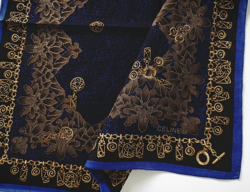 Celine 古董手帕 裝飾花卉 - 珠寶圖紋 20 x 20 英吋 - 手帕 - 棉．麻 藍色