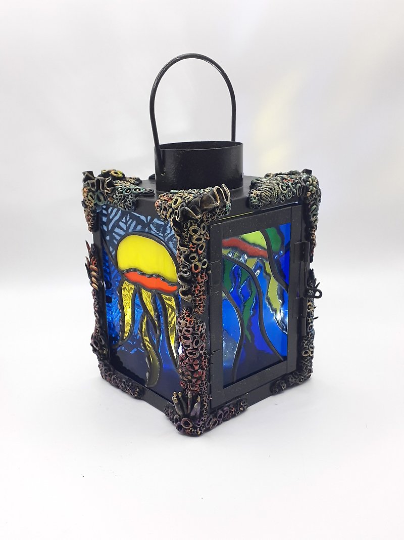 Stained Glass Jellyfish Ocean Lamp Polymer Clay Candle Holder Lantern Decor - Lighting - Glass Multicolor
