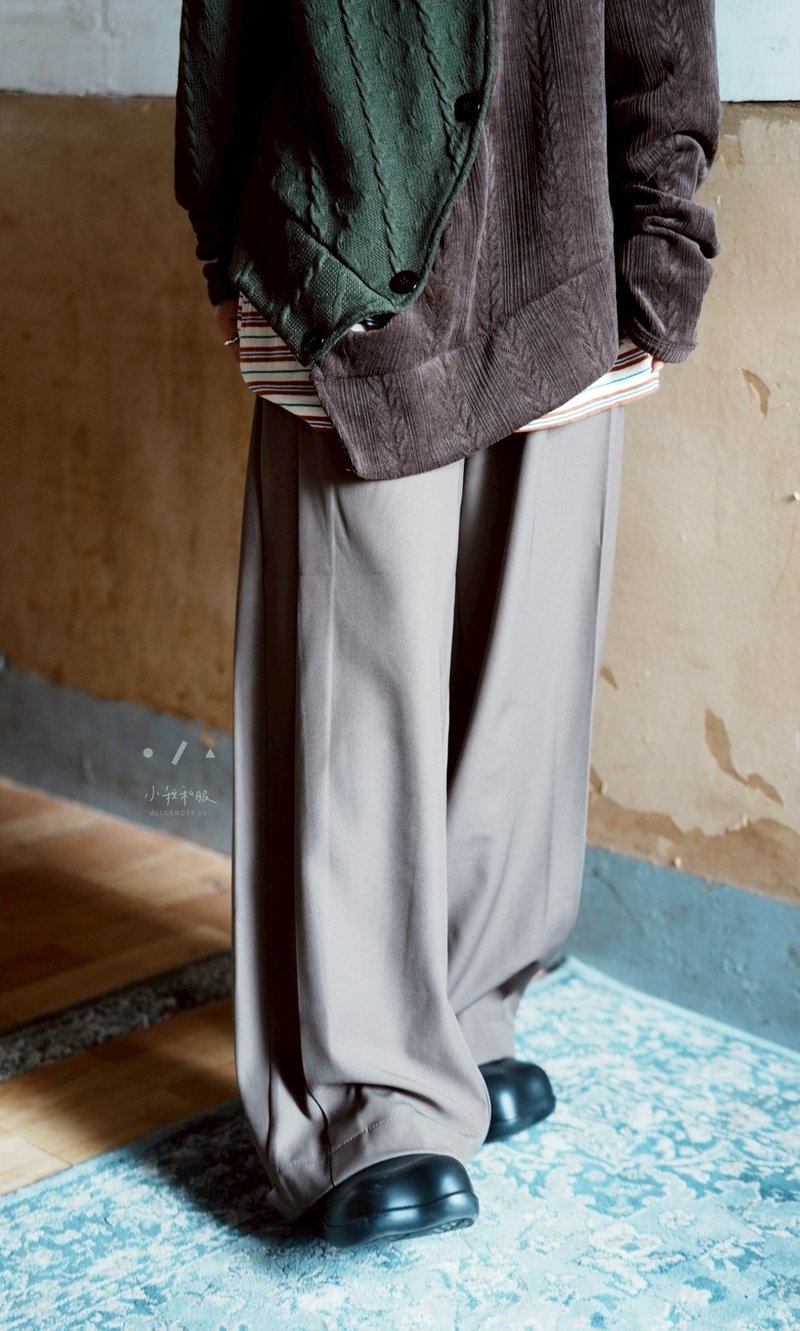 剪裁褲口有扣西裝寬落地褲 - 2色 - 釦釦咖 - 女長褲 - 聚酯纖維 咖啡色