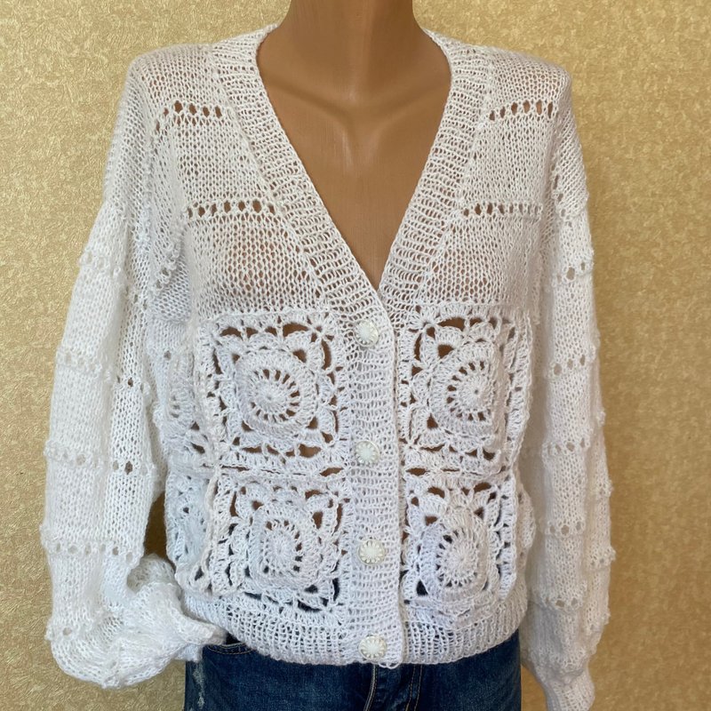 白色钩针婚礼开衫羊毛马海毛新娘夹克针织毛衣纽扣 - 女裝外套/大衣 - 羊毛 白色