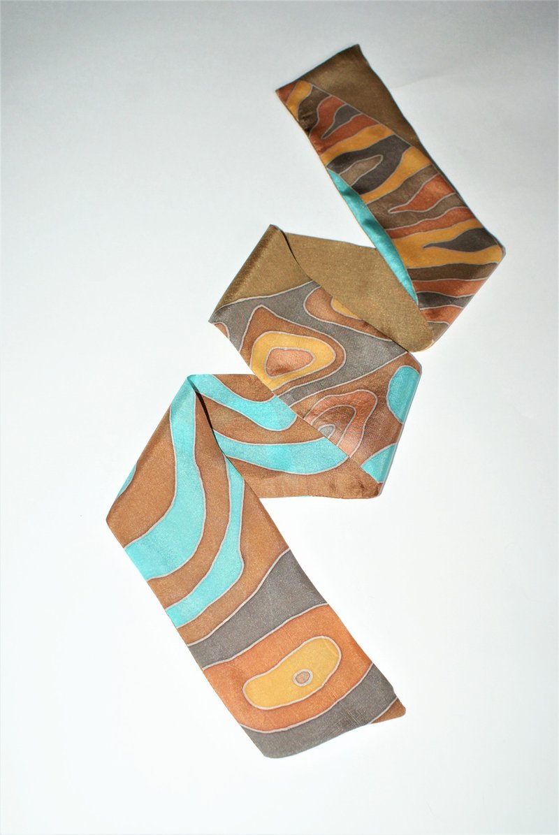 Hand painted silk scarf Small silk scarf for neck Wrist scarves - 絲巾 - 絲．絹 咖啡色