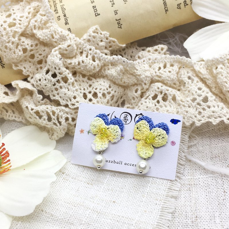 Crochet tri-color earrings - Earrings & Clip-ons - Cotton & Hemp Blue