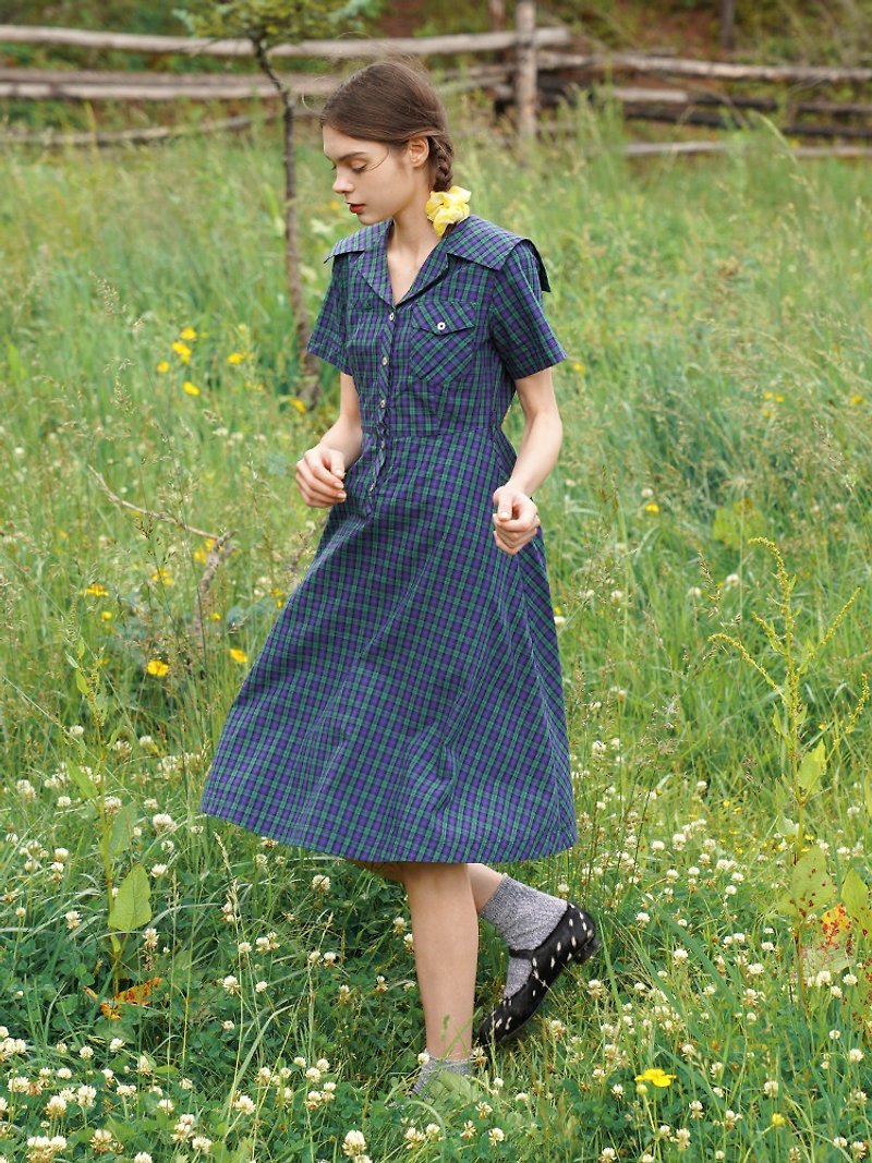 MintCheese vintage check navy collar dress - ชุดเดรส - ผ้าฝ้าย/ผ้าลินิน สีน้ำเงิน