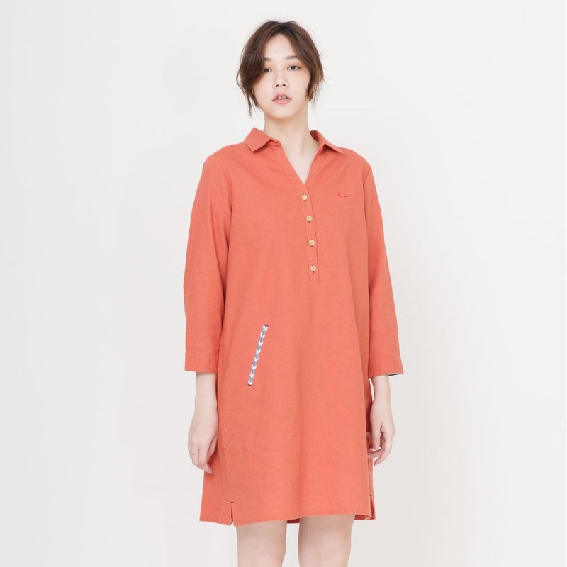 Cool linen long-sleeved dress (dark blue) - ชุดเดรส - ผ้าฝ้าย/ผ้าลินิน สีส้ม